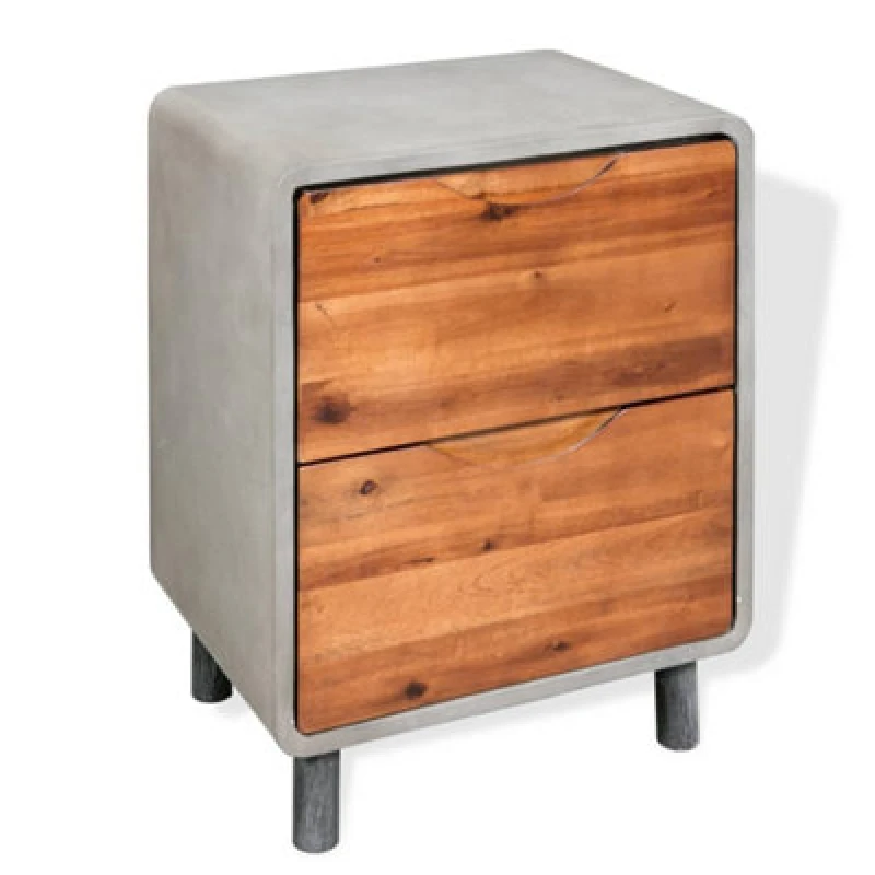 Image of vidaXL Solid Acacia Wood Nightstand Concrete Bedroom Bedside Table 2 Drawer