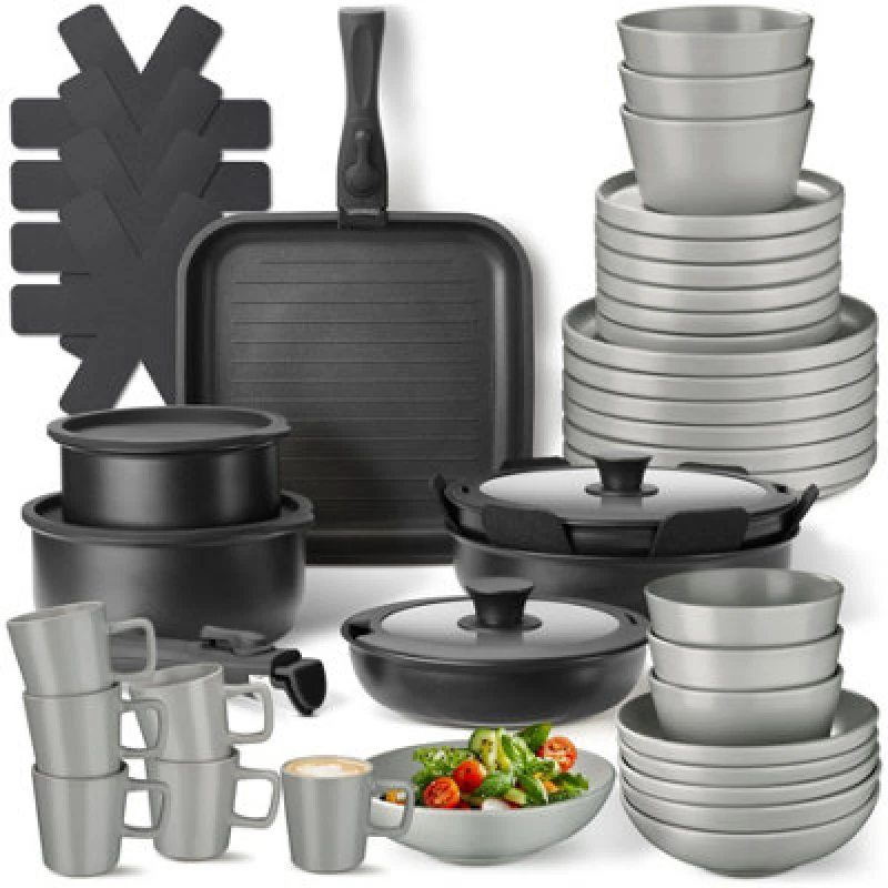 Image of tectake Kitchen starter set for 6 people with crockery, pots etc, grey/black, 47 pc, Grey 406677