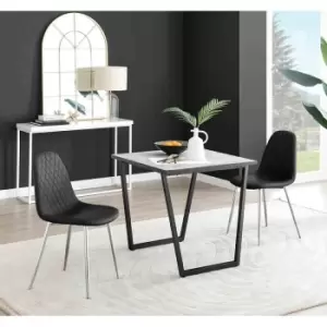 Image of Furniture Box Carson White Marble Effect Square Dining Table and 2 Black Corona Silver Chairs