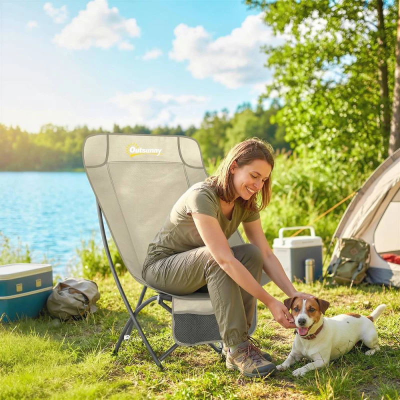 Image of OUTSUNNY Camping Chair Portable with Side Pocket Khaki Size: Single Khaki Unisex Single