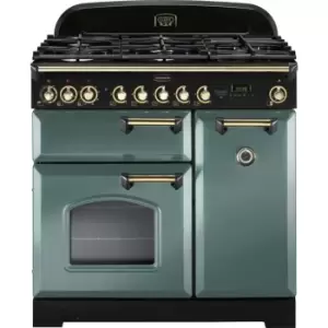 Image of Rangemaster Classic Deluxe CDL90DFFMG/B 90cm Dual Fuel Range Cooker - Mineral Green / Brass - A/A Rated