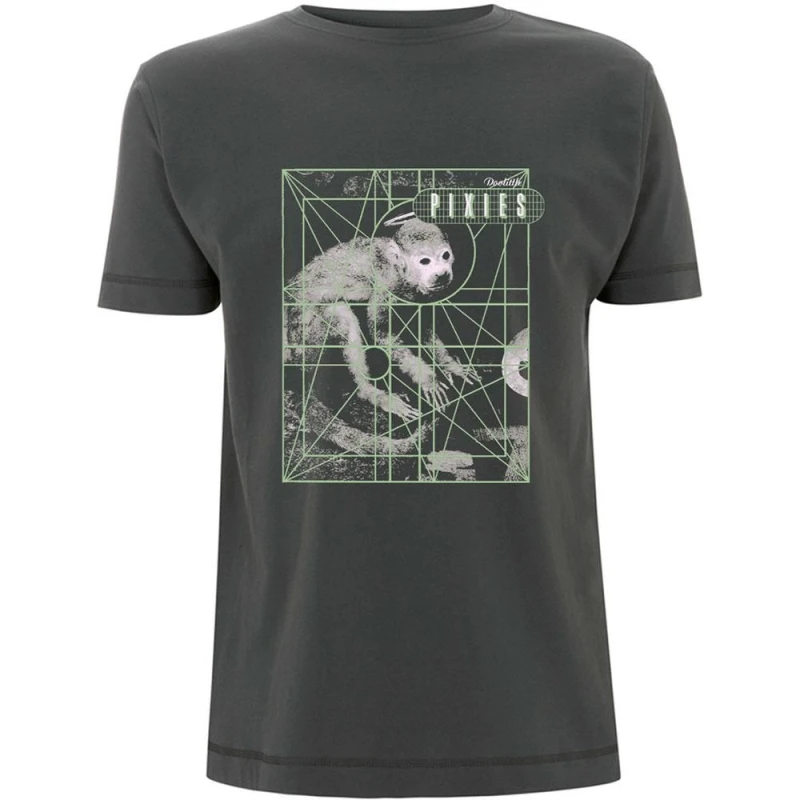 Image of Pixies Mens Monkey Grid Cotton T-Shirt in Charcoal Size: Small Charcoal Male S