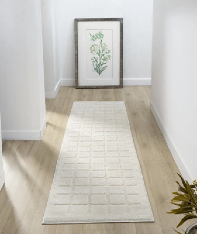 Image of Aya Living Room Area Rugs - Embossed Cubed Design Cream 60Cm X 220Cm