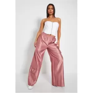Image of I Saw It First Pocket Detail Satin Cargo Trousers - Pink