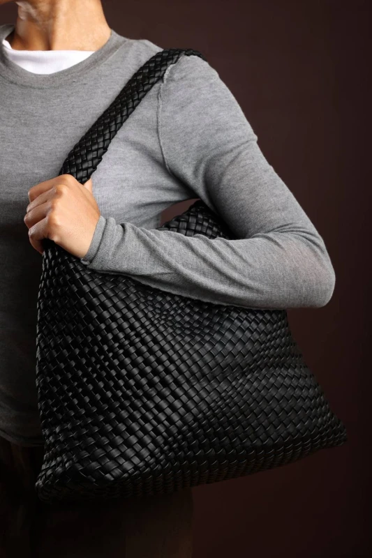 Image of Where's That From Womens 'Stone' Weave Detail Faux Leather Shoulder Bag in Black Female One Size