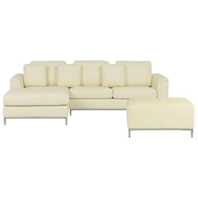 Image of Beliani Corner Sofa 5 Seater Oslo Leather Light Beige With Ottoman Right Hand