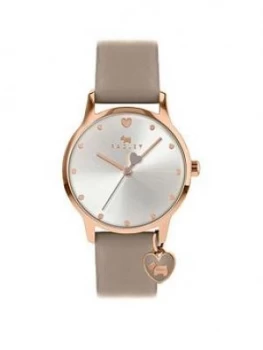 Image of Radley Silver Sunray And Gold Detail Charm Dial Grey Leather Strap Ladies Watch