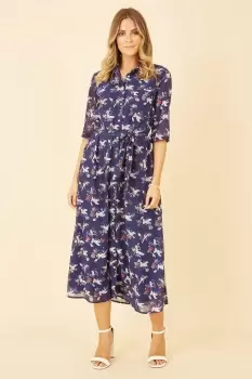 Image of Navy Crane Print Midi Shirt Dress