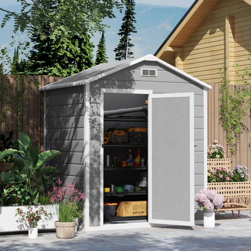 Image of Outsunny 6 x 4ft Resin Garden Shed with Floor and Window, Grey Grey