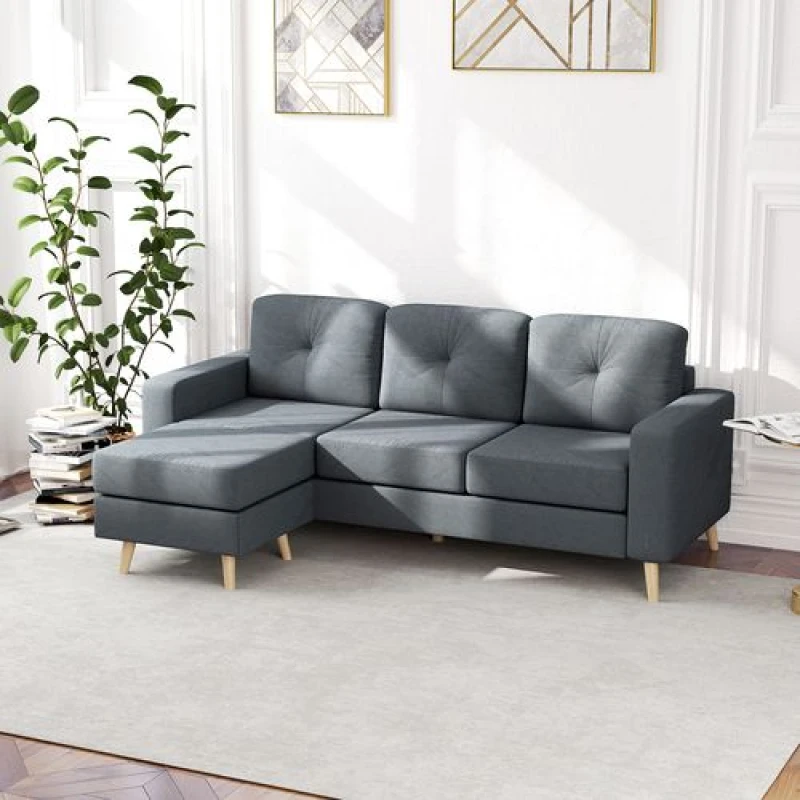Image of HOMCOM HOMCOM 3-Seater L-Shaped Linen Sofa w/ Sponge Seat Back Cushions, Dark Grey Dark Grey One Size Unisex 5063603017528