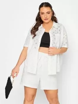 Image of Yours Anglaise Short Sleeve Shirt White Co Ord, White, Size 16, Women