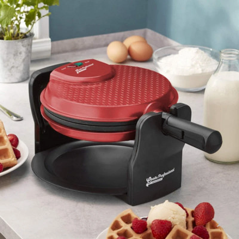Image of Cooks Professional Rotary Waffle Maker Machine 920W With Non-Stick Cooking Plates, Lock, Folding Handle & Drip Tray - Red