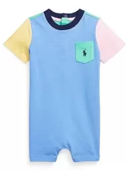 Image of Ralph Lauren Baby Boys Colour Block One Piece Shortall Romper - Harbor Island Blue Multi, Blue, Size 12 Months