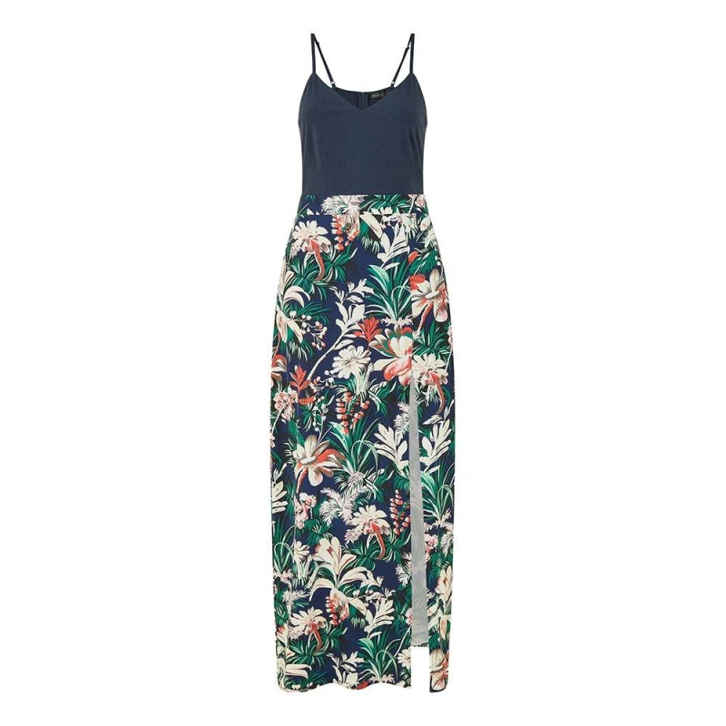 Image of Mela Navy Leaf Print Jersey Maxi Dress With Split Hem Navy female
