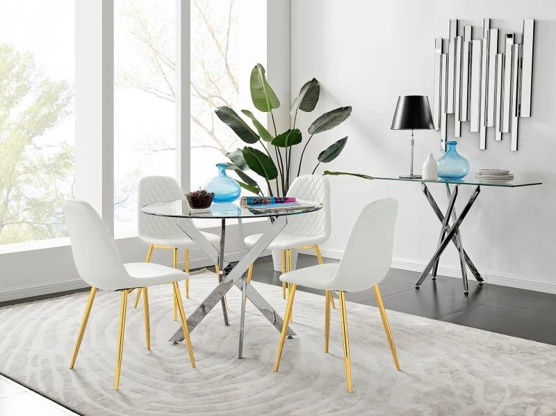 Image of FurnitureboxUK FurnitureboxUK Novara Chrome Metal 100cm Round Glass Dining Table And 4 Corona Gold Dining Chairs in White White One Size Unisex 505654