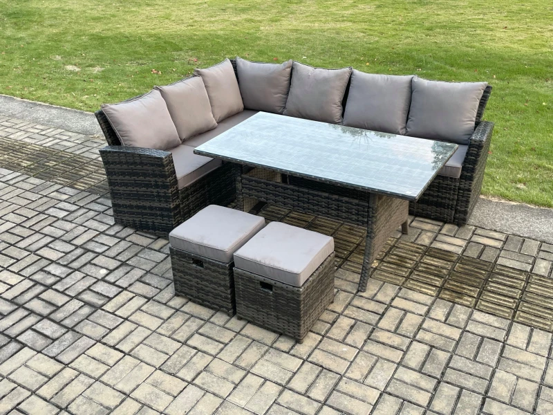 Image of Fimous 8 Seater Garden Rattan Furniture Corner Dining Set with 2 Small Footstools Indoor Outdoor Lounge Sofa Set in Dark Grey Dark Grey Unisex