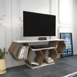 Image of Decorotika - Bal 120 Cm Wide Hexagonal tv Unit ,Hexagonal Display tv Stand , Lowboard tv Cabinet Up To 51 TVs -White And Walnut Pattern