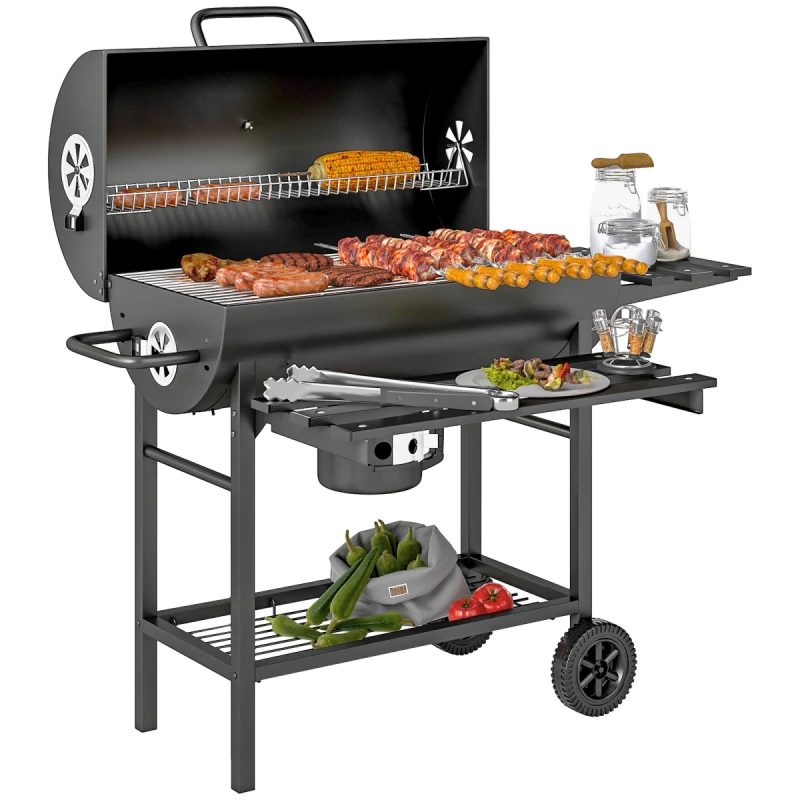 Image of Outsunny Charcoal BBQ Grill with Warming Rack Shelves Temperature Gauge, Black 846-176V00BK