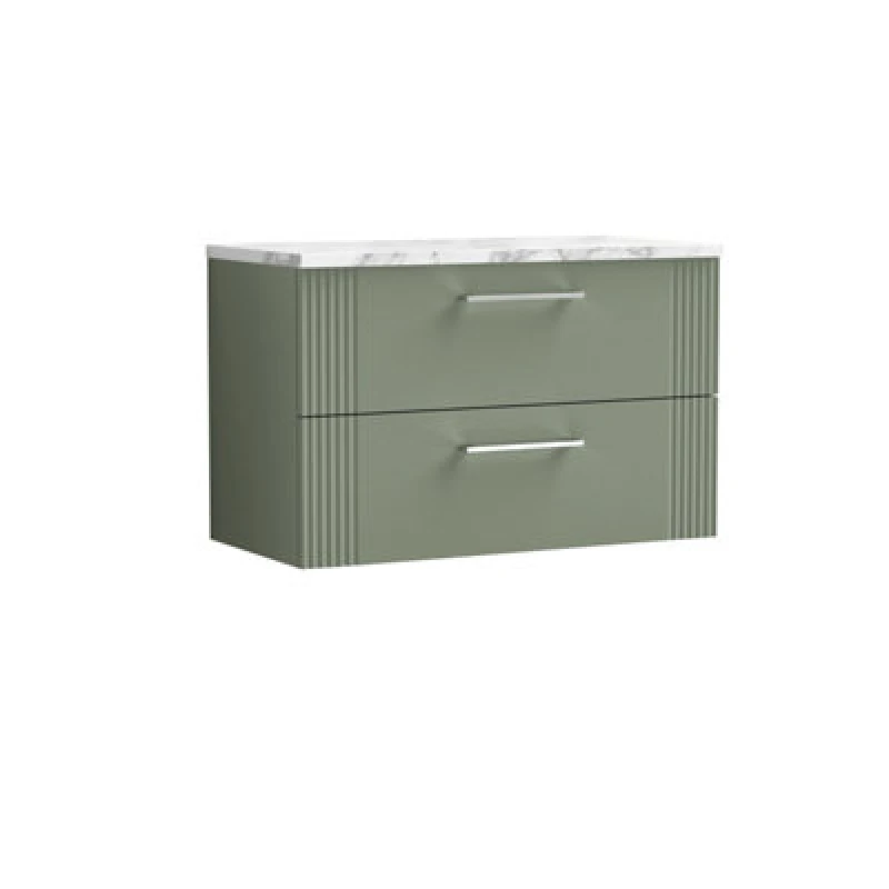Image of Nuie Deco Wall Hung 2-Drawer Vanity Unit & Bellato Grey Laminate Worktop, Counter Top Vanity Unit In Satin Green, 800mm