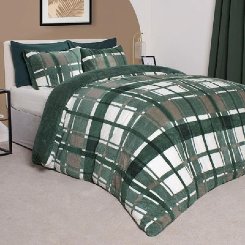 Image of OHS OHS Teddy Fleece Duvet Cover Set Pillowcase Bedding Check in Dark Green Size: Super King Dark Green Super King Unisex 5027434172030