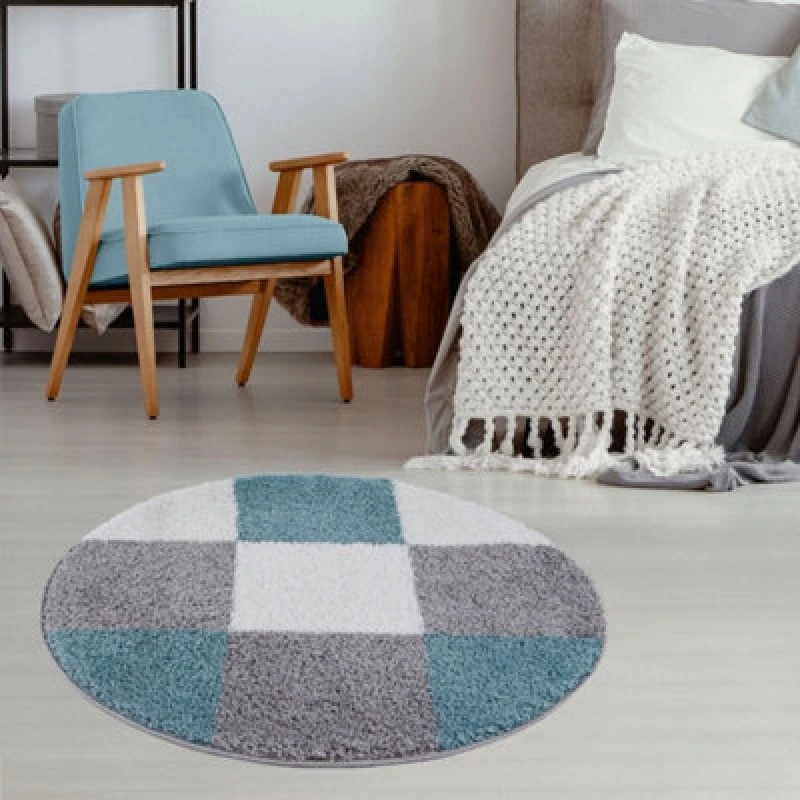 Image of THE RUGS Fluffy & Soft Shaggy Rugs Living Room Rug - Elegant Geometric Design Carpets For Bedrooms & Kitchen 381 Size: 120cm diameter Duck Egg Bl
