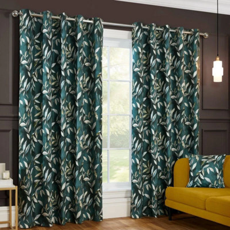 Image of Sundour Madrid Blackout Ready Made Leaves Eyelet Curtains Bottle Green 90X72"
