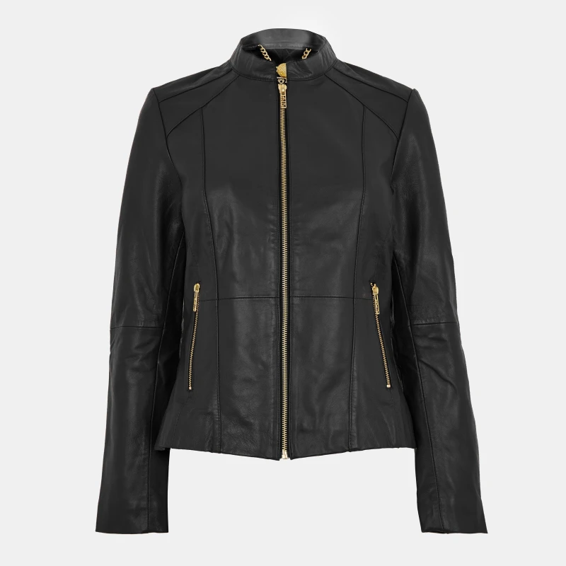 Image of Biba Womens Neru Collar Leather Long Sleeve Leather Jacket Black female 10 (S)