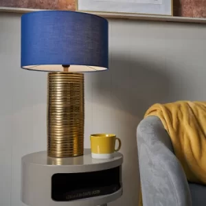 Image of Jung Gold Combed Cylinder Table Lamp with Large Navy Blue Reni Shade