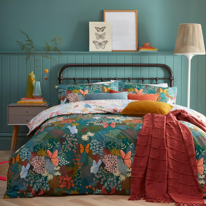 Image of Furn Furn Forage Floral Reversible Duvet Cover Set in Teal Size: Double Teal Double Unisex 5025532567512