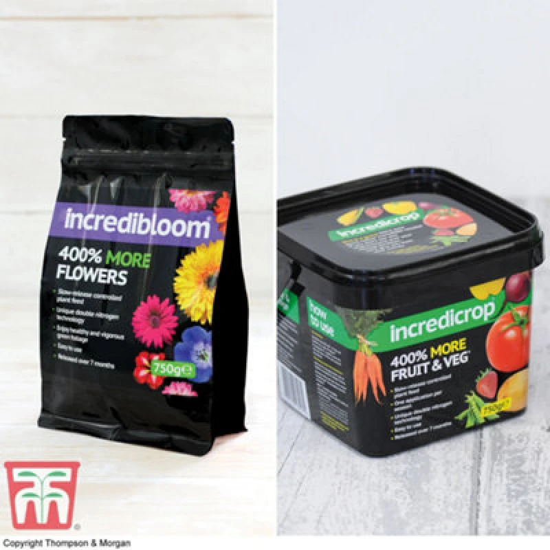 Image of Thompson & Morgan Plant Fertiliser - Flower & Vegetable - 'incredibloom' And 'incredicrop' - 750G Pack X 2