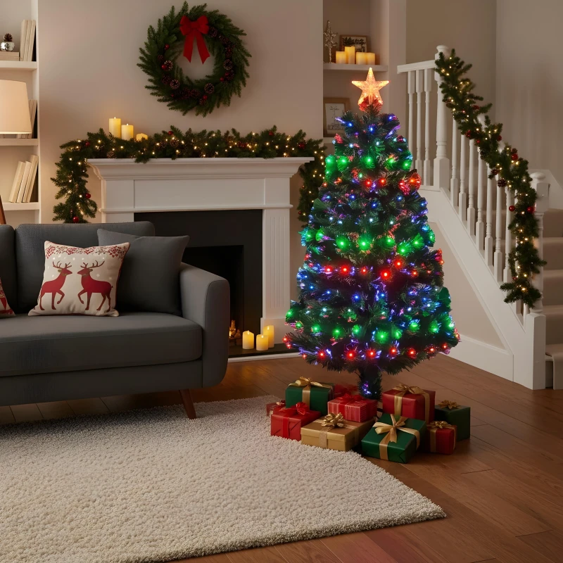 Image of Shatchi 5ft/150cm Multicolour 8 Modes Fibre Optic Christmas Tree LED Pre-Lit Green