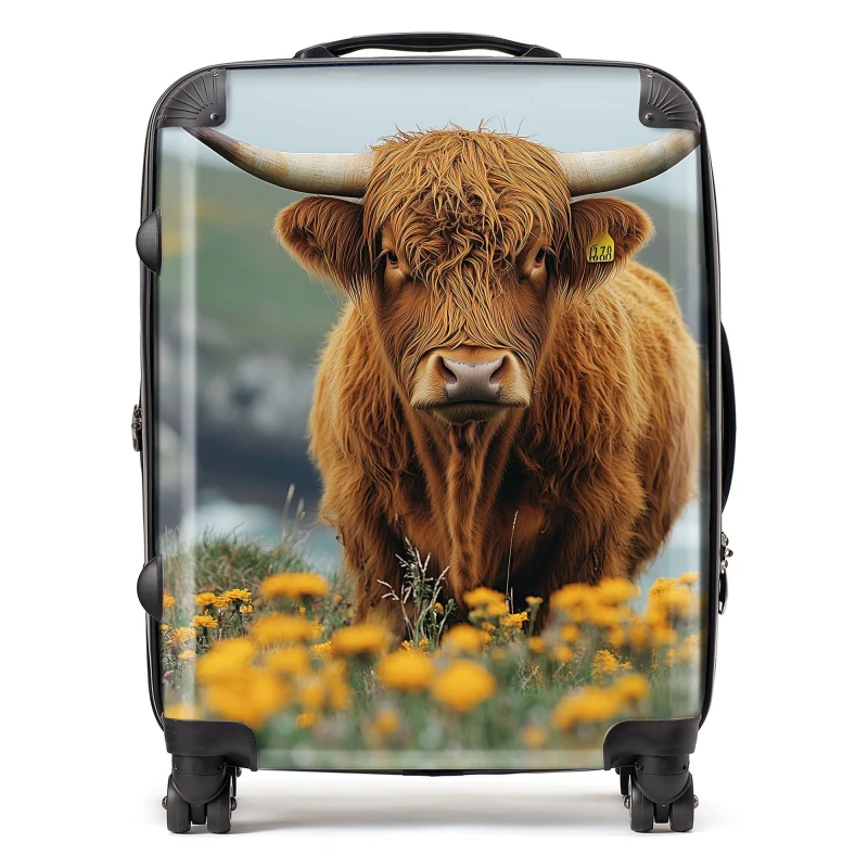 Image of Warren Reed - Designer Highland Cow By The Coast Suitcase in Brown Size: Large Brown Unisex Large