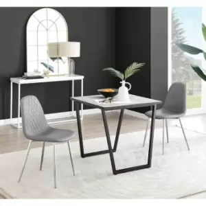 Image of Furniture Box Carson White Marble Effect Square Dining Table and 2 Grey Corona Silver Chairs