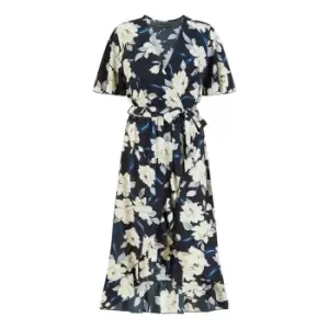 Image of Mela London Navy Floral Print Midi Wrap Dress - Blue
