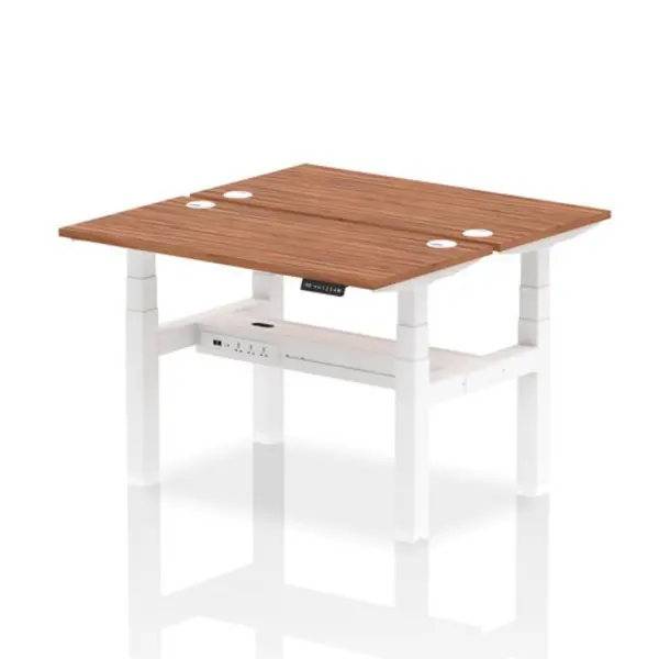 Image of Air Air Back-to-Back 1200 x 600mm Height Adjustable 2 Person Bench Desk Walnut Top with Cable Ports White Frame HASCP2P12600WNTW