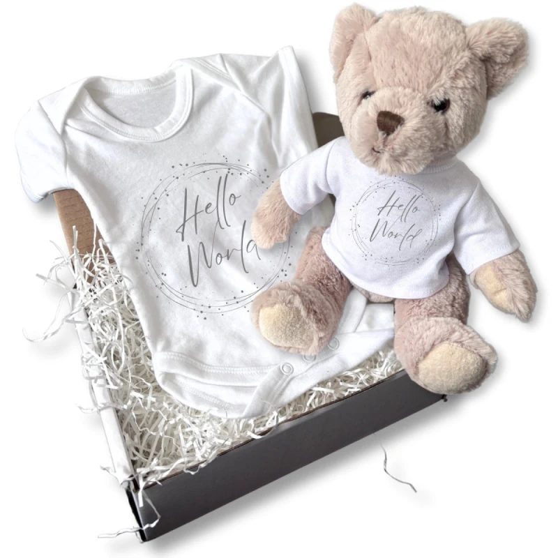 Image of Aye Do Gifts Personalised Hello World Silver Circle Gift Hamper - Teddy & Baby Vest - NEWBORN