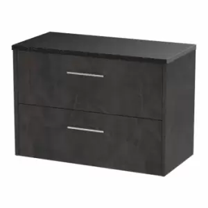 Image of Juno Wall Hung 2-Drawer Vanity Unit with Sparkling Black Worktop 800mm Wide - Metallic Slate - Hudson Reed