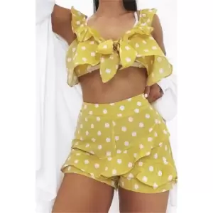 Image of I Saw It First Yellow Polka Dot Frill Front Shorts - Yellow