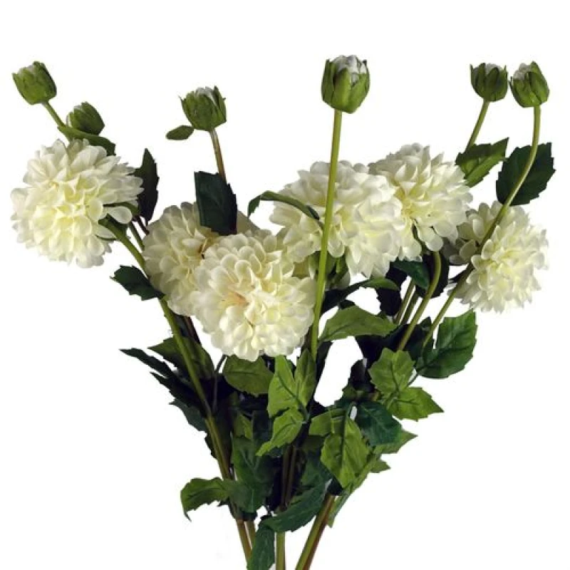 Image of Leaf Pack of 6 x 75cm Artificial Dahlia PomPom Flower Stem Cream