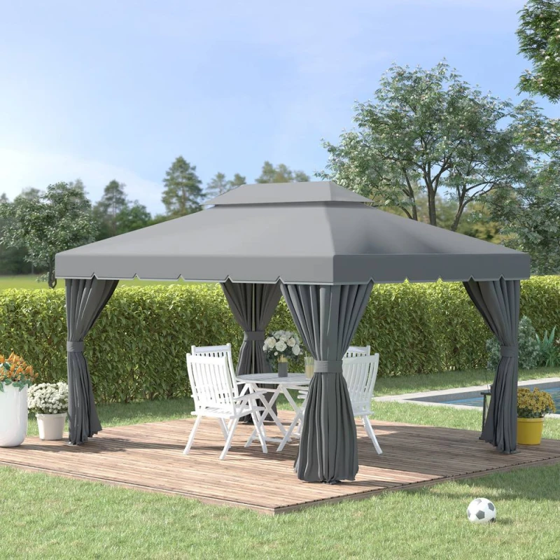 Image of OUTSUNNY 3x4m 2-Tier Gazebo Aluminium Garden Marquee Party Tent Dark Grey Dark Grey Unisex