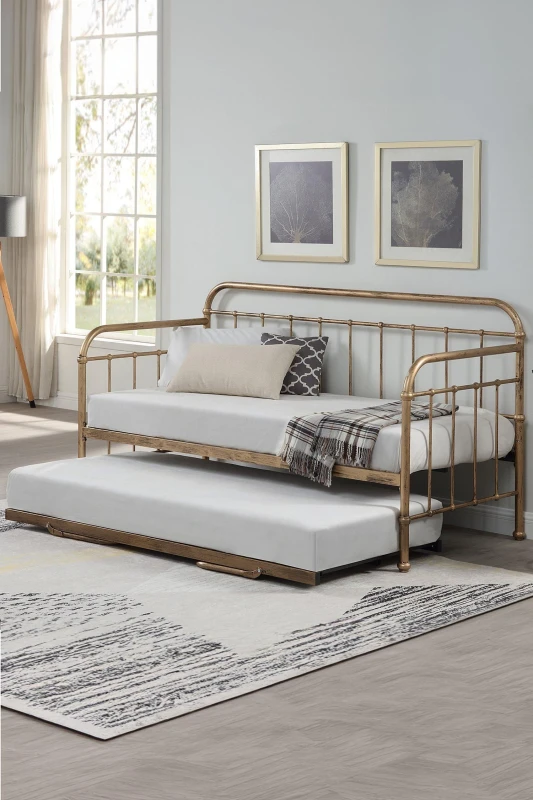 Image of SlumberWorx Ickleford Industrial Living Room Bedroom Metal Day Bed Frame w Trundle Bronze