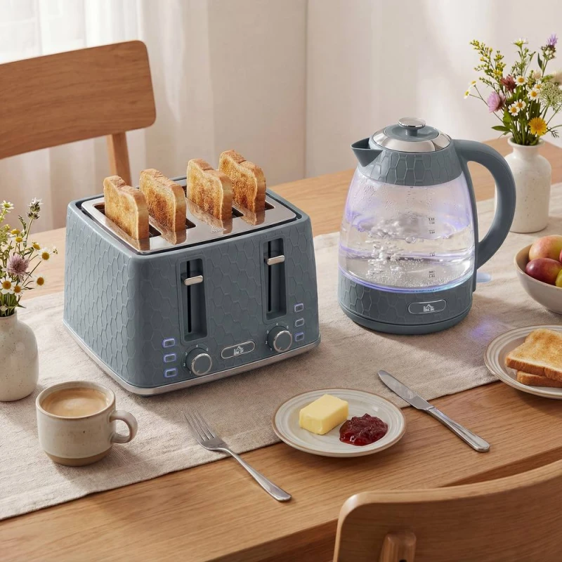 Image of HOMCOM Kettle & Toaster Set with Strix Thermostat, Crumb Tray, Grey Grey Unisex