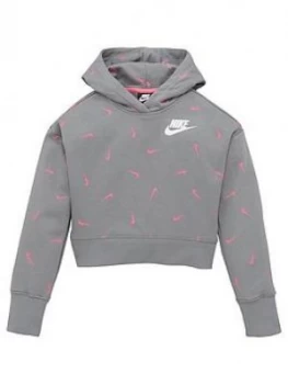 Image of Nike Girls NSW All Over Print Cropped Hoodie - Grey/Pink, Size L, Women