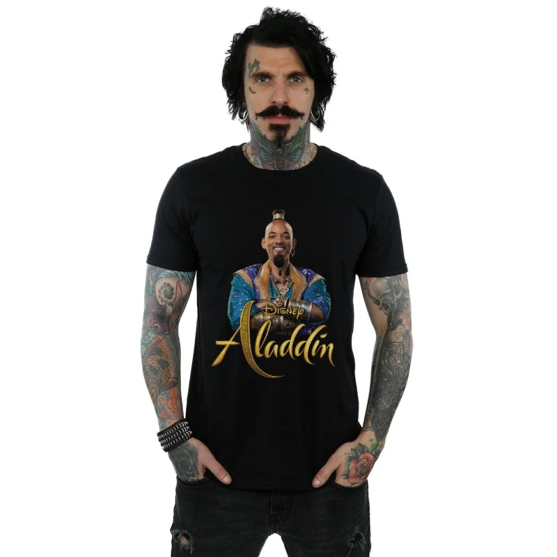 Image of Disney Men Aladdin Movie Genie Photo T-Shirt in Black Size: Small Black S Male 5059308458445