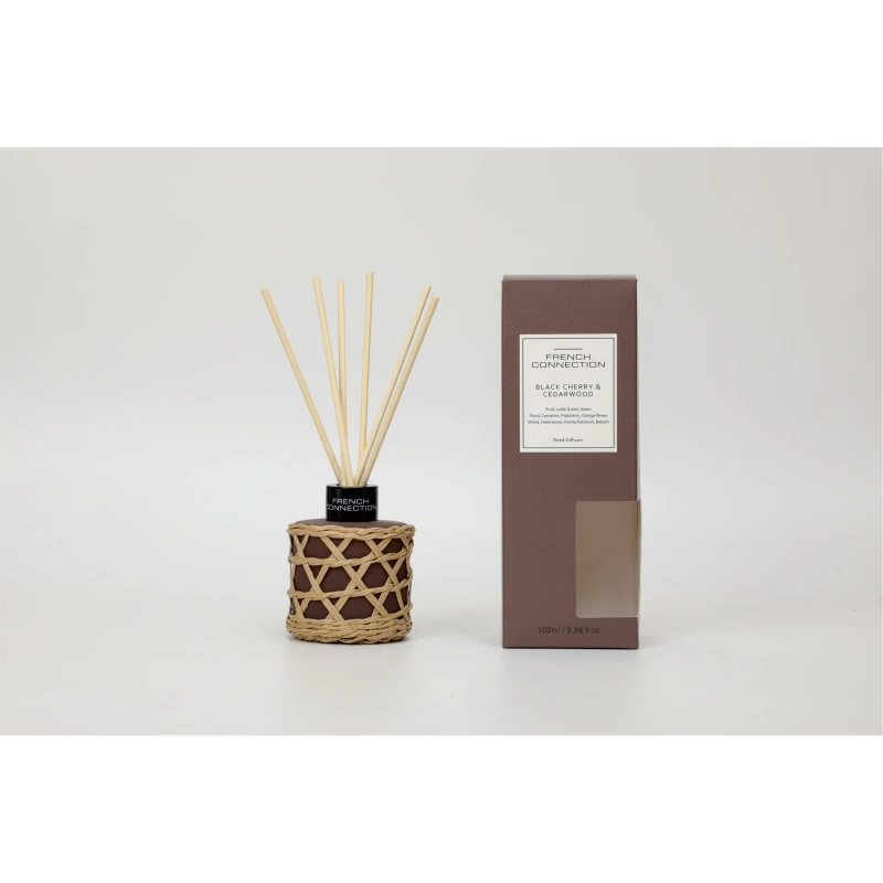 Image of French Connection French Connection Black Cherry & Cedarwood Reed Diffuser 100ml Woven Rattan Detail Brown Colour Brown 100ml Unisex 5056791600092