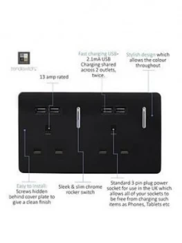 Image of Trendiswitch 2 Gang 13Amp Switched 2G Socket With 4X 2.1Mah USB Std Black