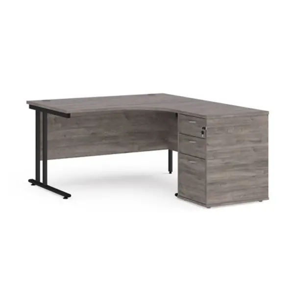 Image of Office Desk Right Hand Corner Desk 1400mm With Pedestal Grey Oak Top With Black Frame Maestro 25
