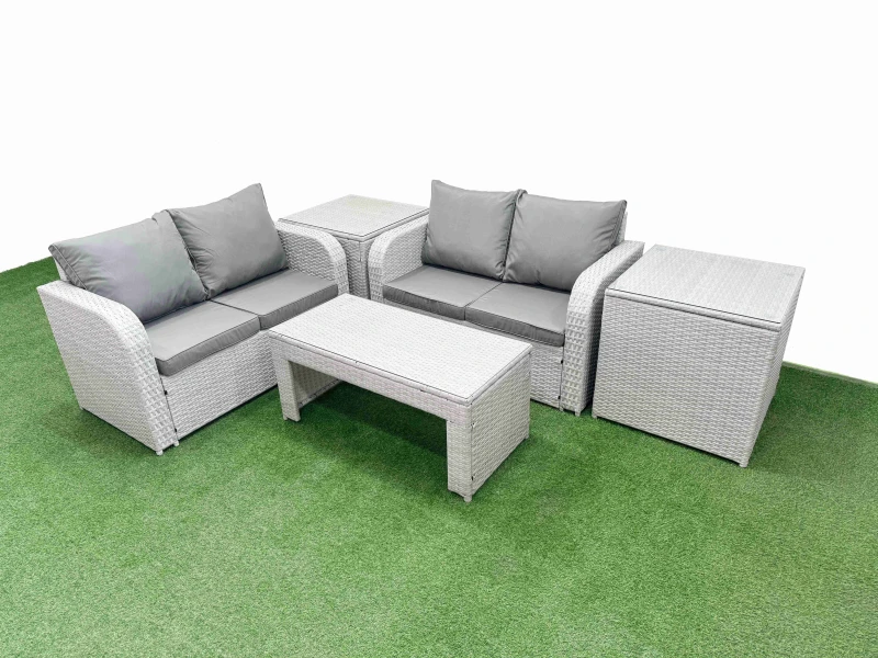 Image of Fimous 4 Seater Outdoor Love Sofa Set Rattan Garden Furniture Set with Oblong Coffee Table 2 Side Tables Light Grey Light Grey