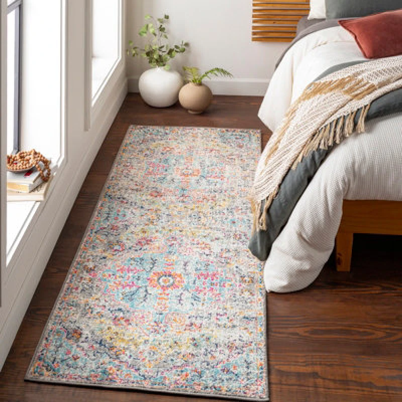 Image of Livabliss Vintage Oriental Boho Teal/beige Lou Runner Rug 80 X 220 Cm - Easy Care, Non Shedding, Ideal For Hallway Or Beside The Bed
