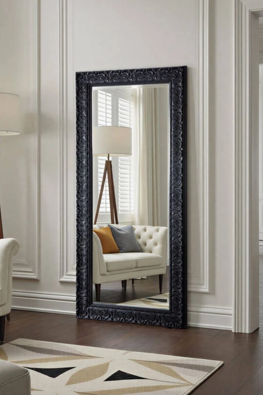 Image of Yearn Mirrors Yearn Mirrors Carved Framed Bevelled Full Length Mirror Black 169x77cm Black One Size Unisex 0756406344452